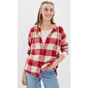American Eagle Red Plaid Sherpa Lined Hooded Flannel Shirt Jacket Oversized XS